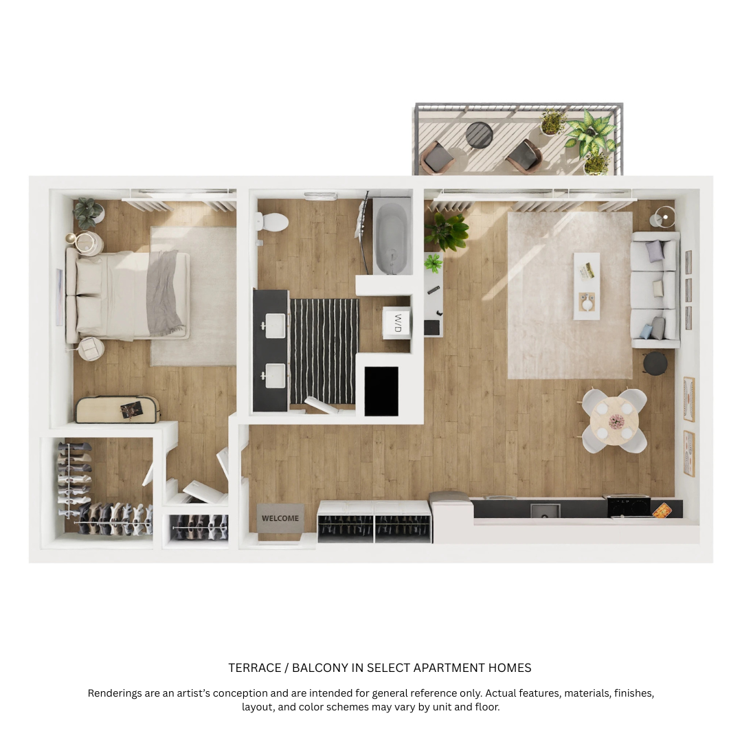 Floor plan for 1 bed, 1 bath, 728 sqft